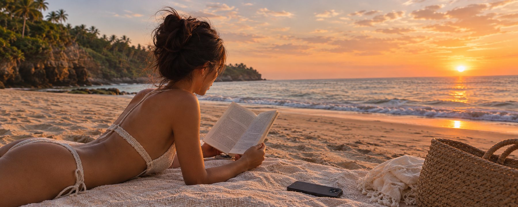 A woman reads a book on a quiet beach at sunset, her phone face-down on the blanket beside her